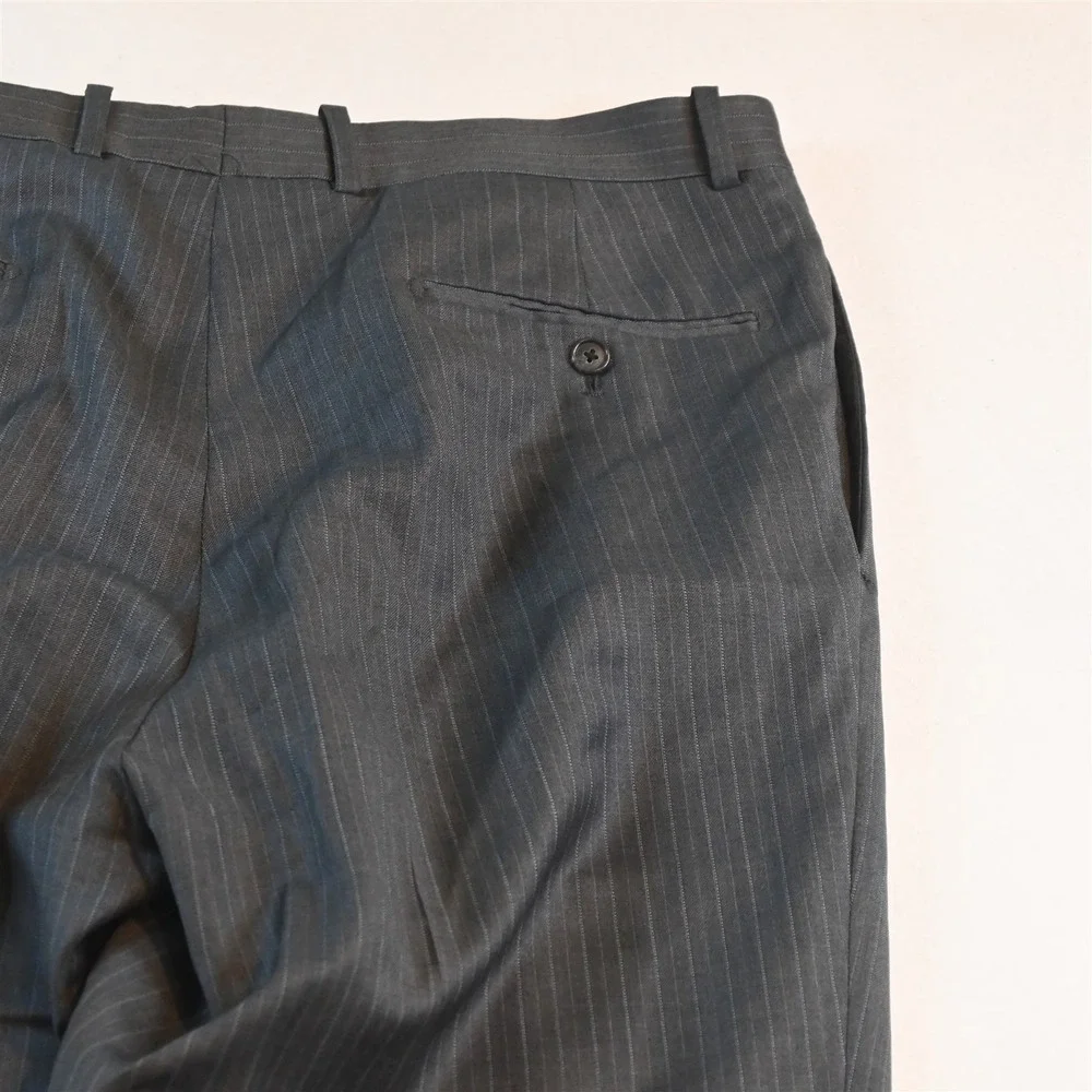 Vtg‎ Y2K Boxy 2000s 42S 33x29 Gray Striped 100% Wool Mens Jacket Pants Suit